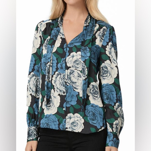 New Paige x Anthropologie Cleobelle Scarf Lg Blue Black Floral Silky Buttondown - Picture 7 of 14